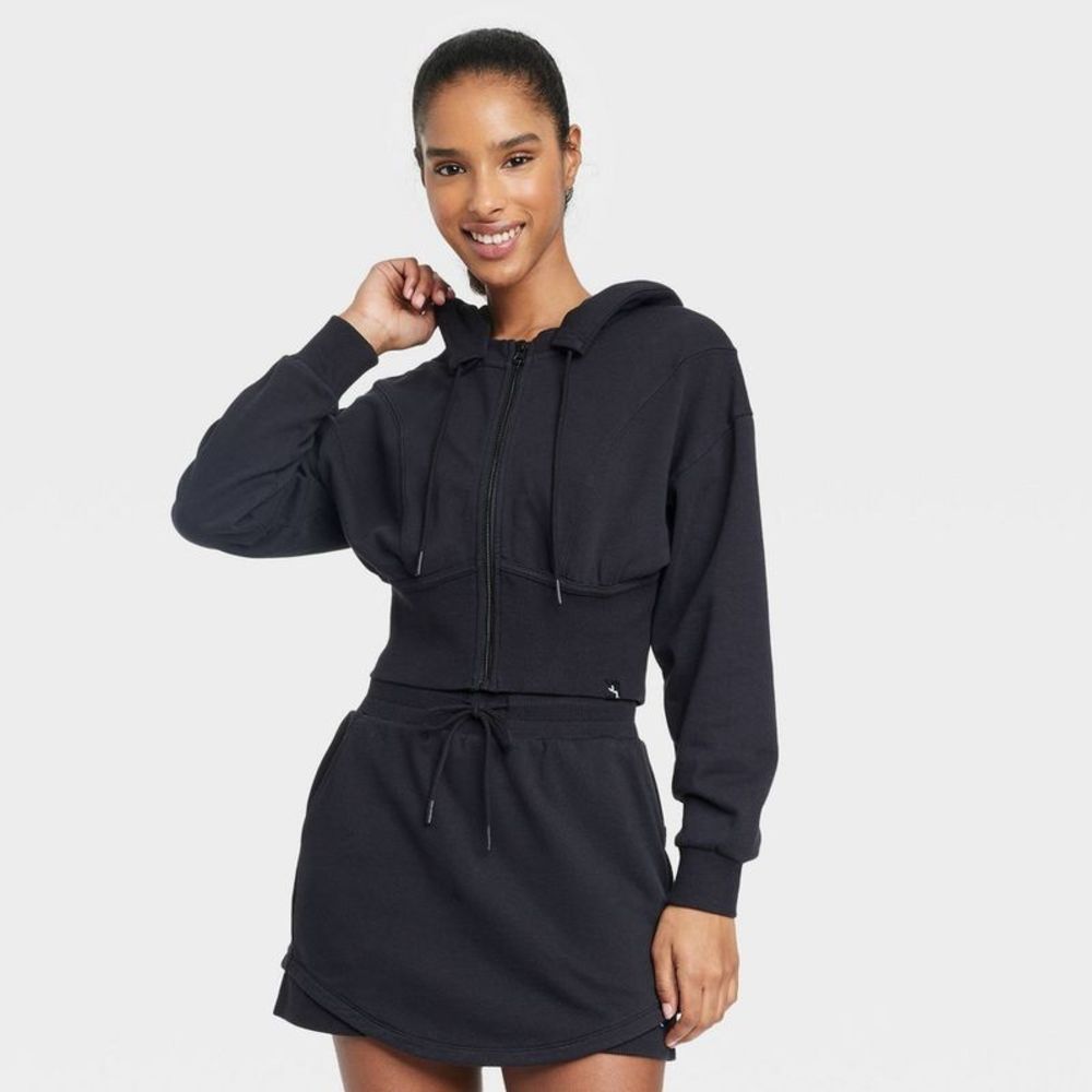 Women's Full Zip French Terry Cropped Hooded Sweatshirt - JoyLab Black S